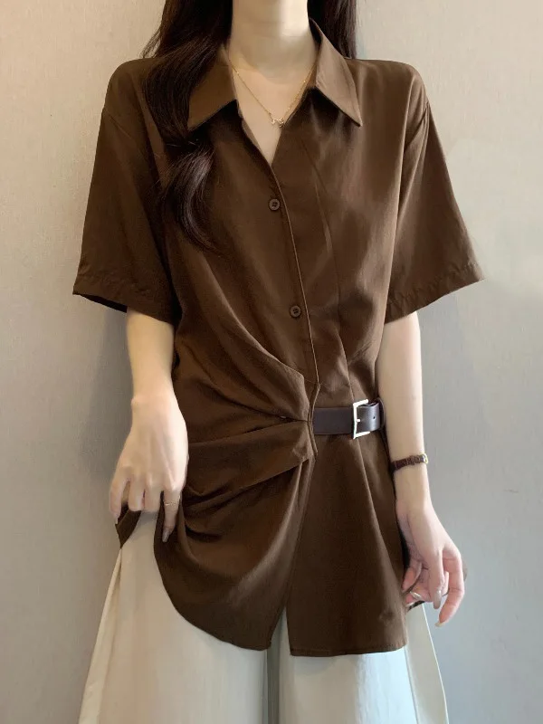 Elegant Coffee V-neck Short Sleeve Shirt Women's plus Size Mid-length Waist-cinching Top Korean Style Commute Fashion
Elegant Coffee V-neck Short Sleeve Shirt Women's plus Size Mid-length Waist-cinching Top Korean Style Commute Fashion