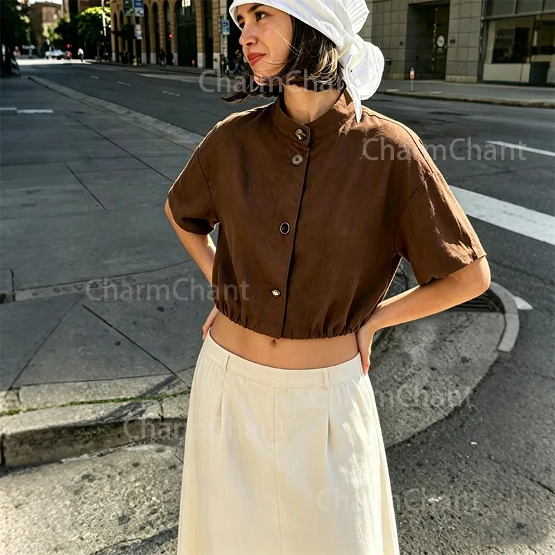 CharmChant Women's Brown Linen Blend Blouse Short Sleeve Elastic Hem Cropped Button Down Shirt Y2K Office Casual Summer 2026
CharmChant Women's Brown Linen Blend Blouse Short Sleeve Elastic Hem Cropped Button Down Shirt Y2K Office Casual Summer 2026