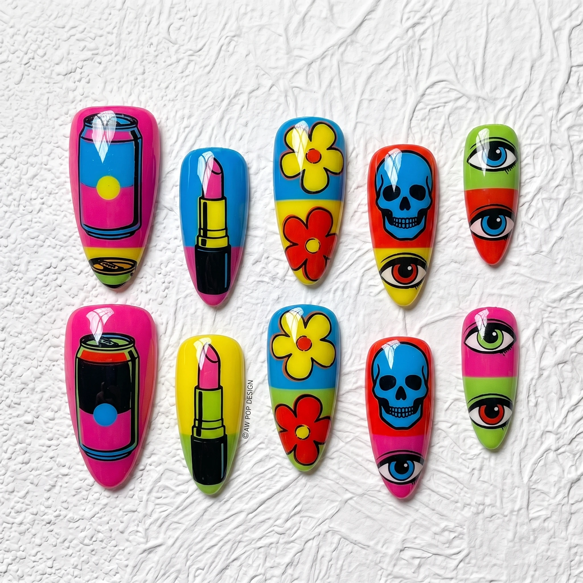 Artisan Handcrafted 10PCS Pop Art Almond Press-On Nails | Bold Line Cartoons: Cans, Lipstick, Skulls, Eyes, Flowers, Glazed Laye
Artisan Handcrafted 10PCS Pop Art Almond Press-On Nails | Bold Line Cartoons: Cans, Lipstick, Skulls, Eyes, Flowers, Glazed Laye