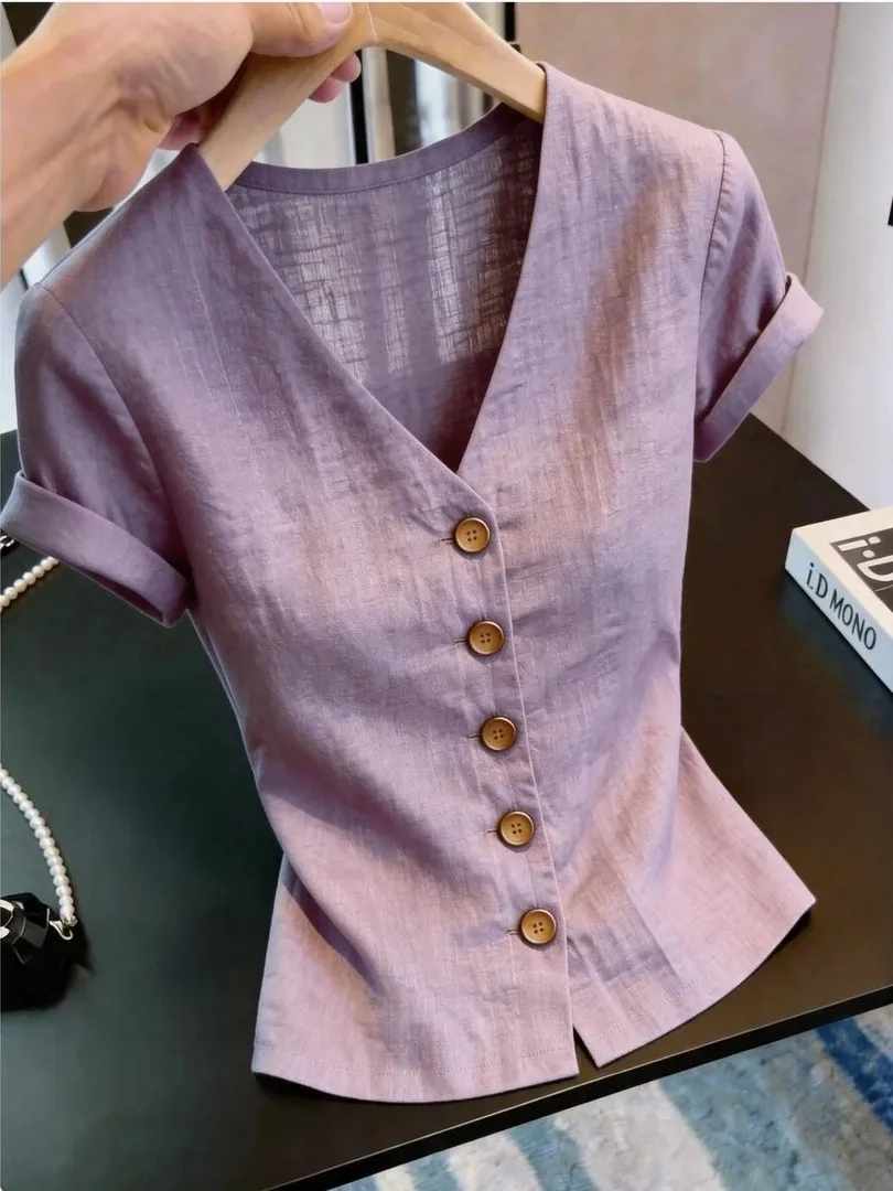 Slimming Purple V-Neck Short Sleeve Shirt Women's Minimalist Style Summer Thin Waist-Cinching Anti-Aging Cardigan Top
Slimming Purple V-Neck Short Sleeve Shirt Women's Minimalist Style Summer Thin Waist-Cinching Anti-Aging Cardigan Top