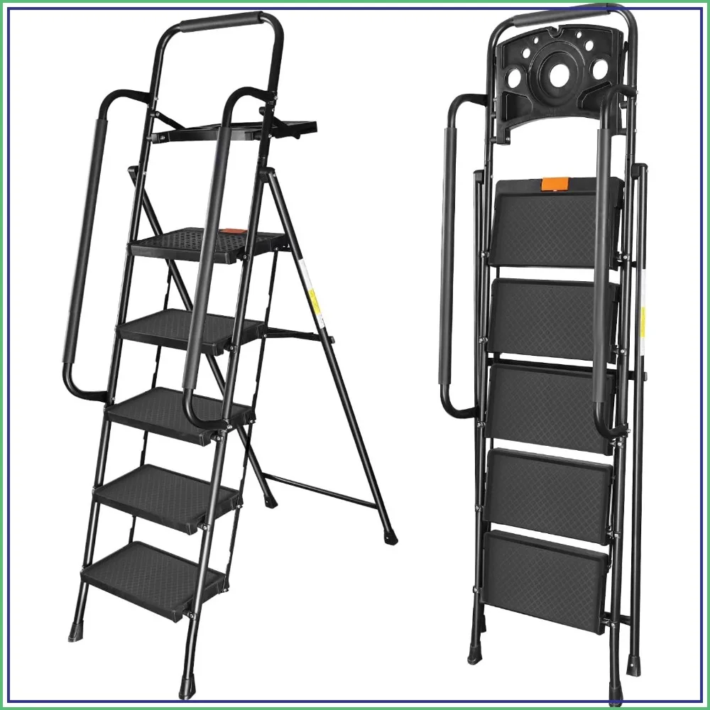 5 Step Folding Ladder with Handrails, 500 lbs Capacity, Anti-Slip Pedals, Tool Platform, Multi-Use for Home Kitchen Office, Black
5 Step Folding Ladder with Handrails, 500 lbs Capacity, Anti-Slip Pedals, Tool Platform, Multi-Use for Home Kitchen Office, Black