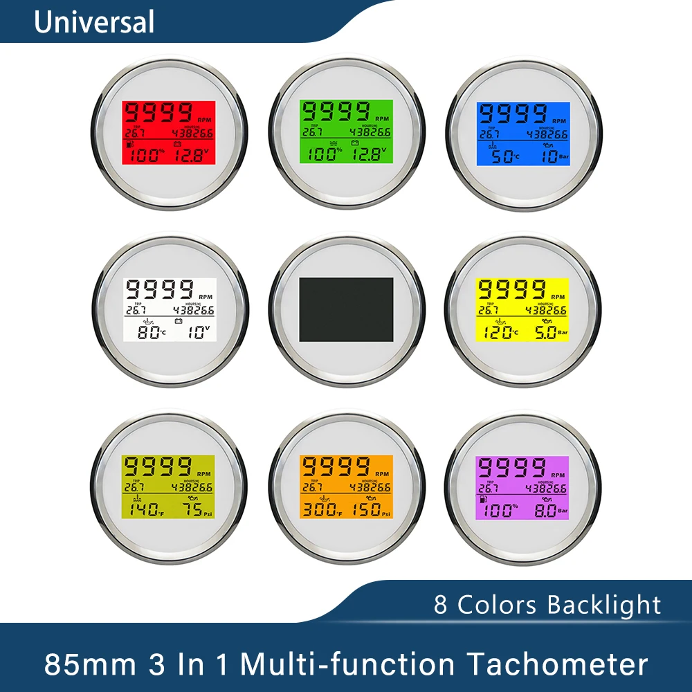 Digital 85mm3 in 1 Multifunction 0-9999RPM Tachometer Gauge With 8 Colors Backlight for Motorcycle Car Boat 9-32V
Digital 85mm3 in 1 Multifunction 0-9999RPM Tachometer Gauge With 8 Colors Backlight for Motorcycle Car Boat 9-32V