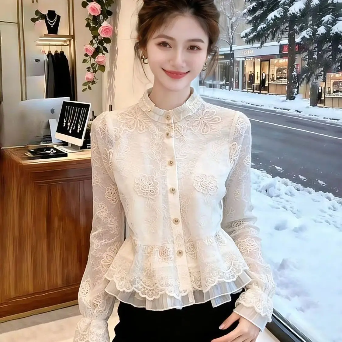 Spring Autumn Lace Embroidered Waist-cinching Shirt 2026 New Women Puff Sleeve Stand Collar Blouses Female Ruffle Lace Shirt Top
Spring Autumn Lace Embroidered Waist-cinching Shirt 2026 New Women Puff Sleeve Stand Collar Blouses Female Ruffle Lace Shirt Top