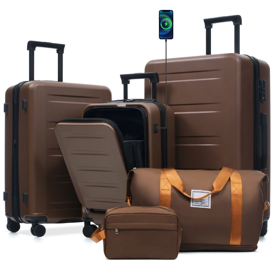 Travel luggage set for airport use, polycarbonate, black, front-opening hardside expandable design with USB port, TSA locks, do
Travel luggage set for airport use, polycarbonate, black, front-opening hardside expandable design with USB port, TSA locks, do
