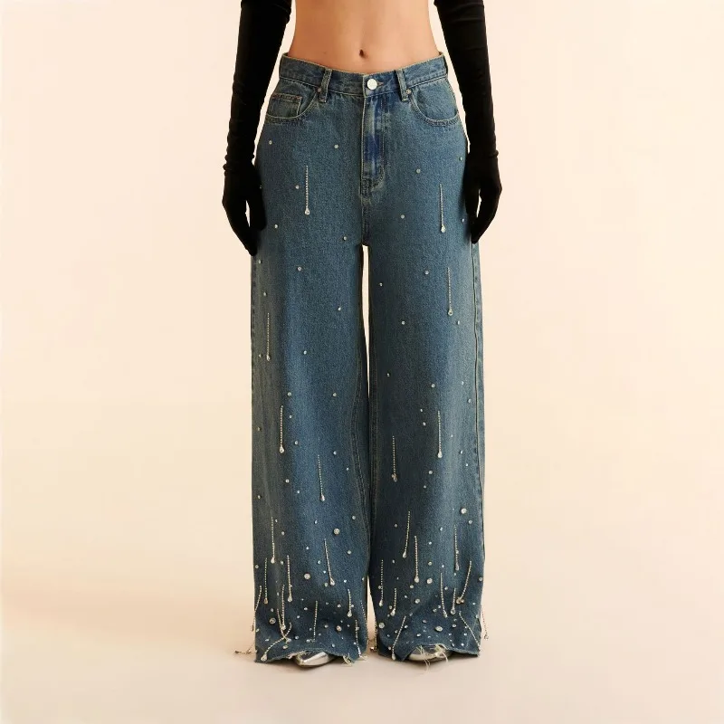 American-style Cross-border Small Design High-end Rhinestone Tassel Decorated Jeans 2025 New Women's Loose Straight-leg Pants 
American-style Cross-border Small Design High-end Rhinestone Tassel Decorated Jeans 2025 New Women's Loose Straight-leg Pants