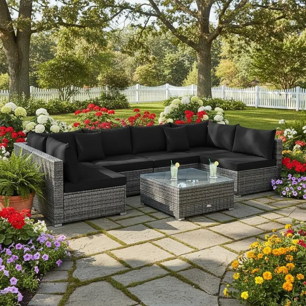 7-Piece Outdoor Rattan Furniture Set with Cushions and Glass Coffee Table for Patio, Garden, and Backyard (Black)
7-Piece Outdoor Rattan Furniture Set with Cushions and Glass Coffee Table for Patio, Garden, and Backyard (Black)