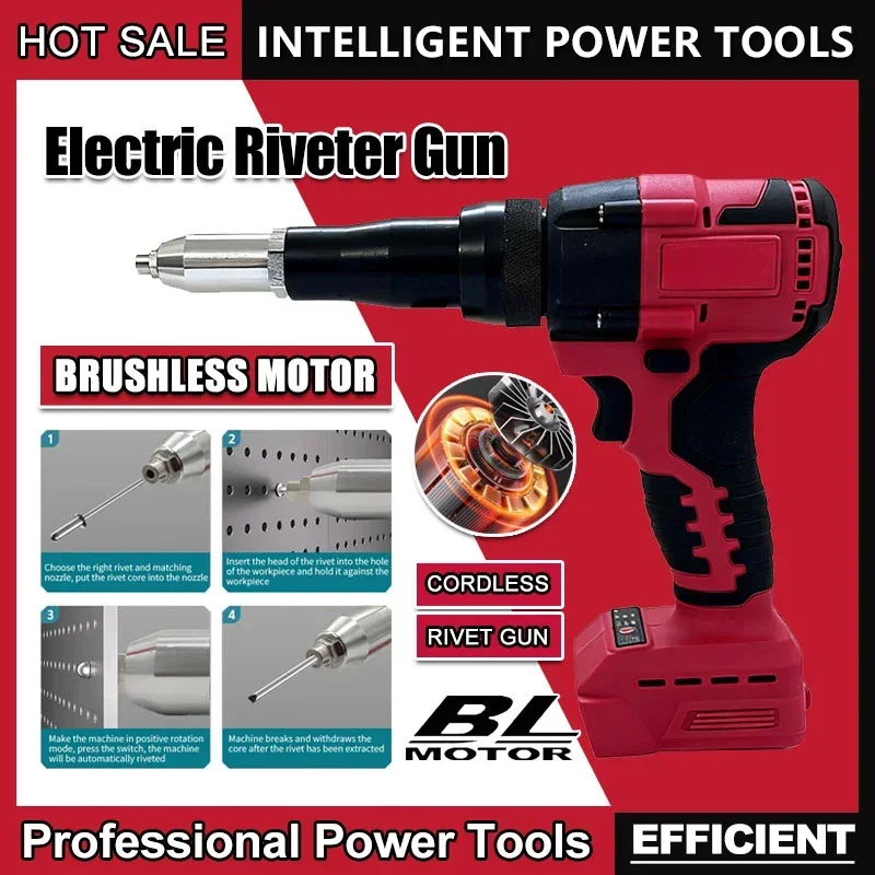 New 4.8MM Electric Riveter Gun Cordless Brushless Rivet Gun Automatic Riveter Tool With LED Light For Milwaukee 18V Battery