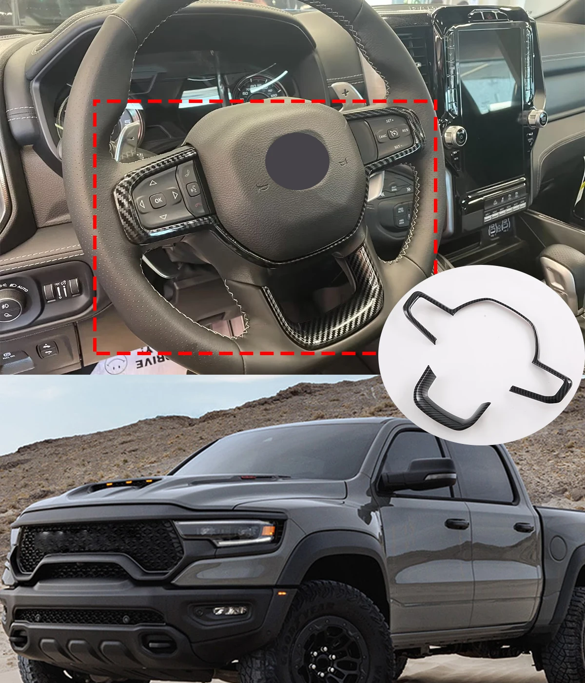 For Dodge Ram Trucks Car Accessories Modification Carbon Fiber Steering Wheel Decoration Trim Auto Parts Protector 2023 2024
For Dodge Ram Trucks Car Accessories Modification Carbon Fiber Steering Wheel Decoration Trim Auto Parts Protector 2023 2024