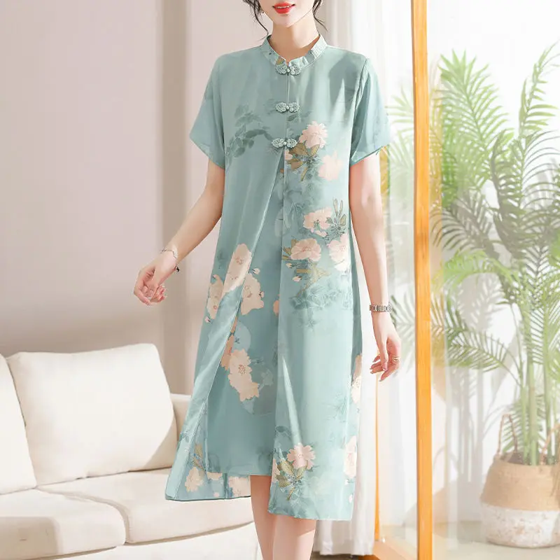 

Summer Dress Chinese Style Improved Cheongsam Dress Female Short Sleeve Chiffon dress