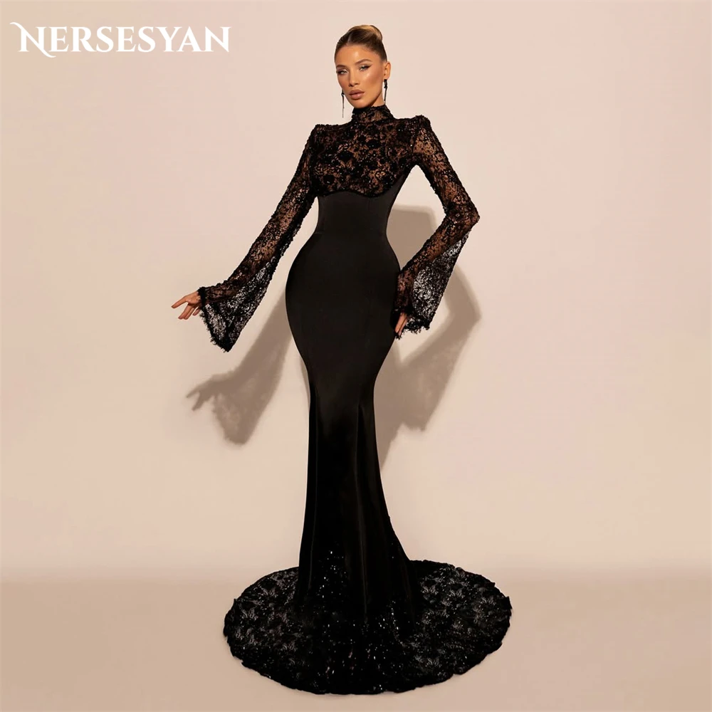 Nersesyan Black Lace Mermaid Luxury Evening Dresses Appliques High Neck Formal Gowns Flare Sleeves Wedding Dress 2025 Customized
Nersesyan Black Lace Mermaid Luxury Evening Dresses Appliques High Neck Formal Gowns Flare Sleeves Wedding Dress 2025 Customized