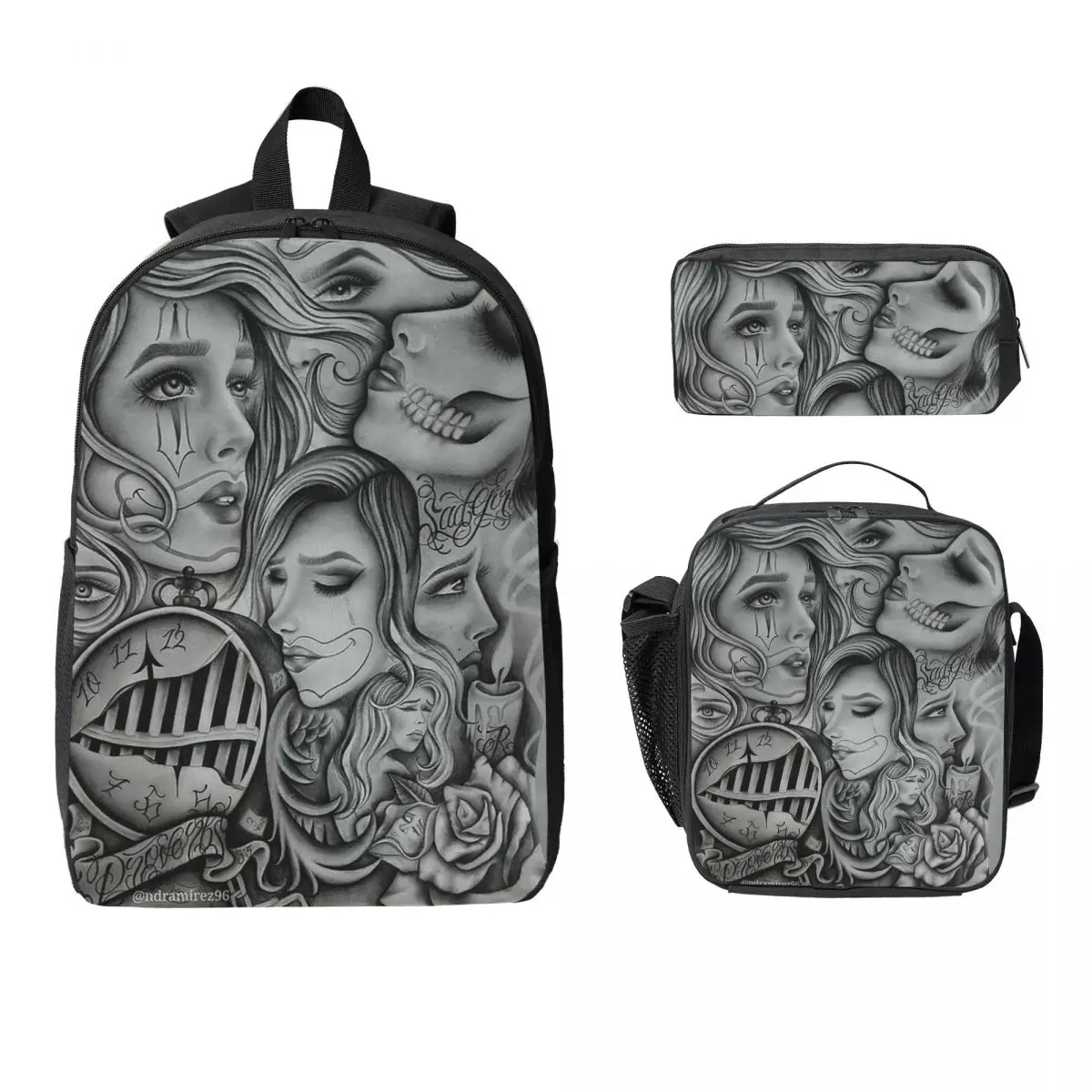 Sad Eyes Chola Clown Chicano Art Black And Grey Art Backpack Student BookBag School Bag 3ps Insulated Lunch Bag Pencil Case
Sad Eyes Chola Clown Chicano Art Black And Grey Art Backpack Student BookBag School Bag 3ps Insulated Lunch Bag Pencil Case