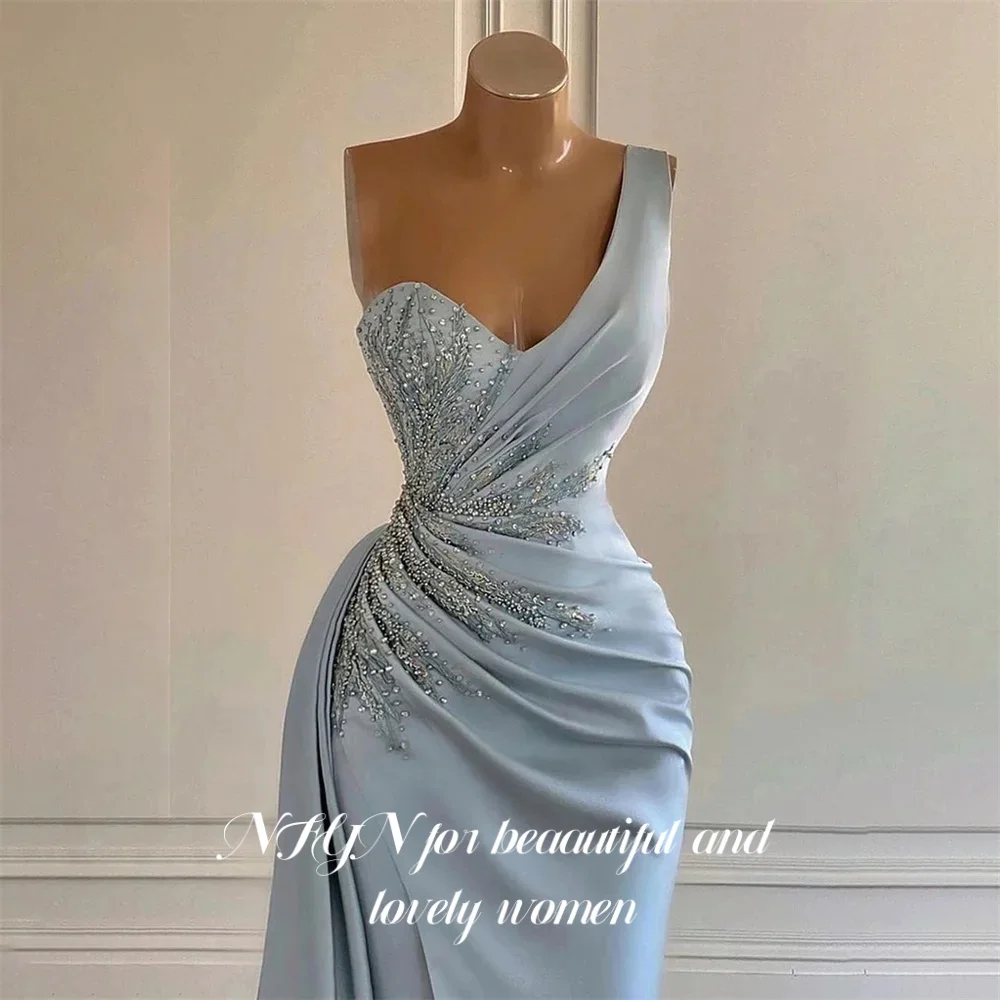 NFYN Dusty Blue Beaded Stain Formal Dress One Shoulder Mermaid Prom Night Dress Pleat Evening Gown with High Split Customized
NFYN Dusty Blue Beaded Stain Formal Dress One Shoulder Mermaid Prom Night Dress Pleat Evening Gown with High Split Customized