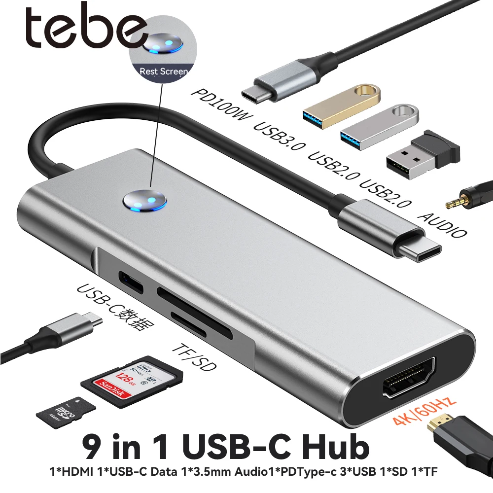 Tebe 9 в 1 USB C-концентратор Type-c на 4K 60 Гц HDMI-адаптер 3,5 мм Aux Multi USB 3.0/2.0 SD/TF Card Reader с экраном для подставки для ноутбука
Tebe 9 в 1 USB C-концентратор Type-c на 4K 60 Гц HDMI-адаптер 3,5 мм Aux Multi USB 3.0/2.0 SD/TF Card Reader с экраном для подставки для ноутбука