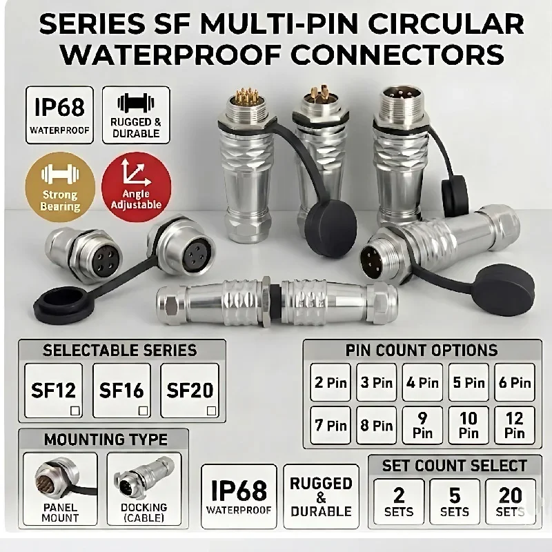 SF12 SF16 SF20 Waterproof Aviation Connector IP68 2-12 Pin Panel Mount & Docking Male Female Circular Plug Socket 2/5/20 SETS
SF12 SF16 SF20 Waterproof Aviation Connector IP68 2-12 Pin Panel Mount & Docking Male Female Circular Plug Socket 2/5/20 SETS