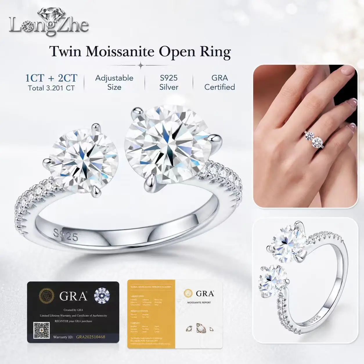 3CT Total Moissanite Bypass Ring 925 Sterling Silver Adjustable Open Band Hypoallergenic Engagement Promise Ring for Women
3CT Total Moissanite Bypass Ring 925 Sterling Silver Adjustable Open Band Hypoallergenic Engagement Promise Ring for Women