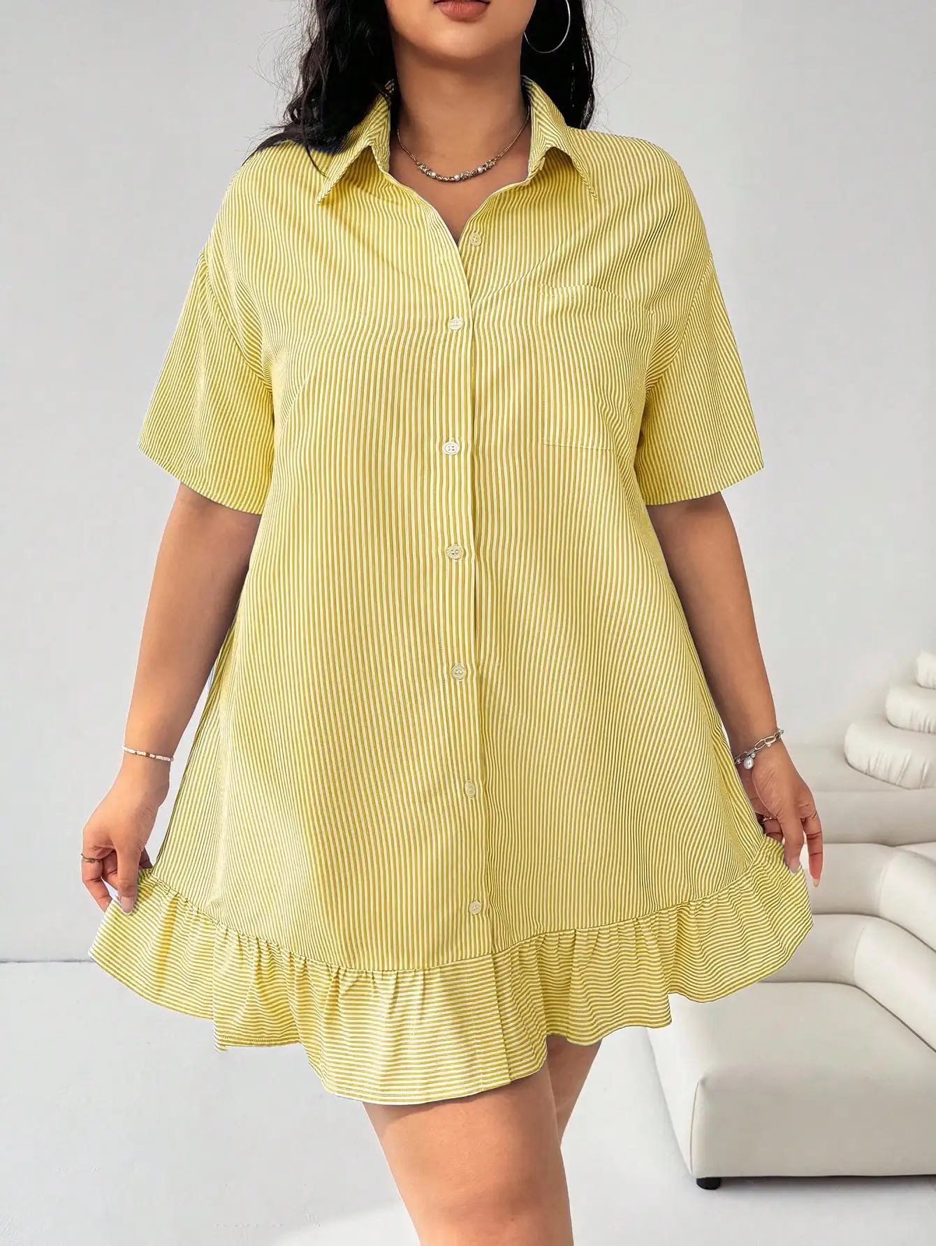 Yellow Striped Short Sleeve Ruffle Hem Loose Casual Shirt Dress For Women
Yellow Striped Short Sleeve Ruffle Hem Loose Casual Shirt Dress For Women