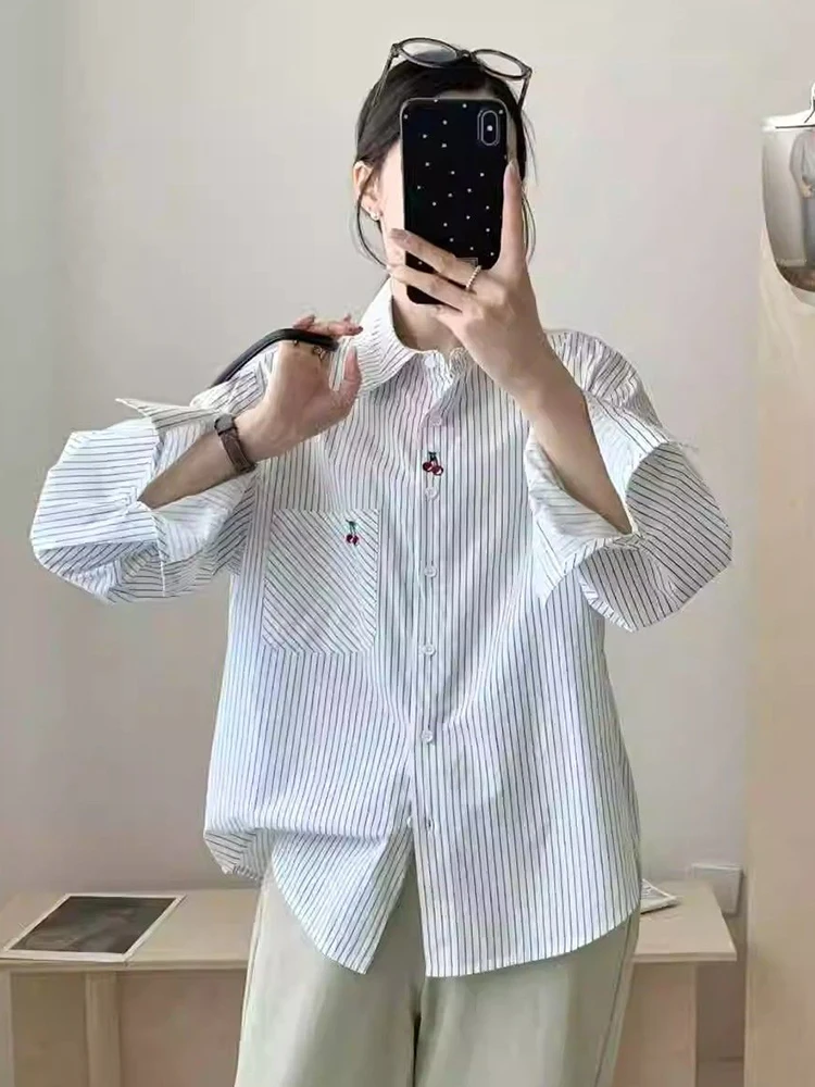Zoki Cute Cherry Striped Shirts Women Vintage Loose Long Sleeve Fall Blouse Retro Korean Casual Female Pocket Soft Autumn Tops
Zoki Cute Cherry Striped Shirts Women Vintage Loose Long Sleeve Fall Blouse Retro Korean Casual Female Pocket Soft Autumn Tops