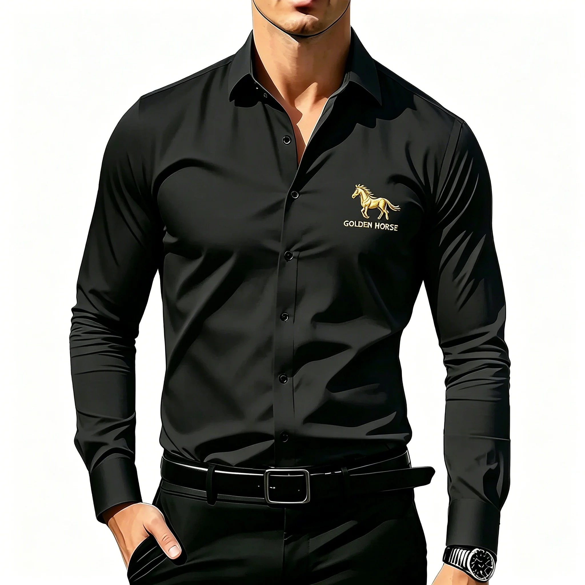 Men Slim Fit Long Sleeve Button Up Shirt Golden Horse Print Business Casual Wrinkle Resistant Daily Wear Tops 5 Optional Color
Men Slim Fit Long Sleeve Button Up Shirt Golden Horse Print Business Casual Wrinkle Resistant Daily Wear Tops 5 Optional Color
