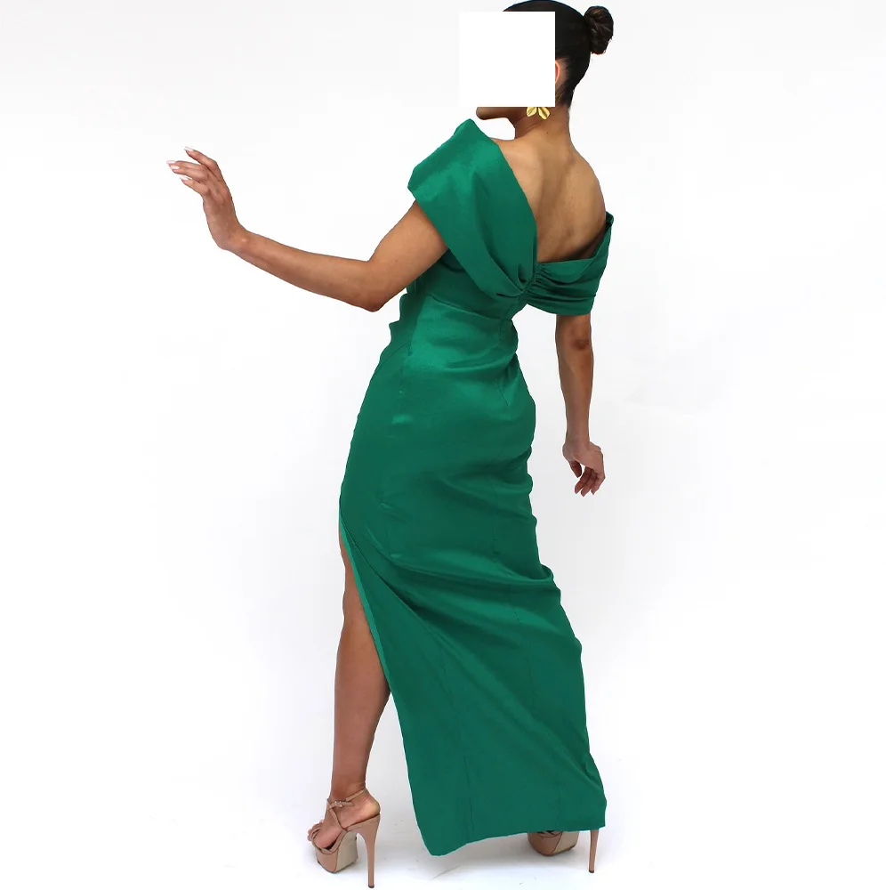 Customized Party Gowns Classic Satin Off the Shoulder Sleeveless Straight Side Slit Evening Dress Pleats Solid Green Color Flo 
Customized Party Gowns Classic Satin Off the Shoulder Sleeveless Straight Side Slit Evening Dress Pleats Solid Green Color Flo