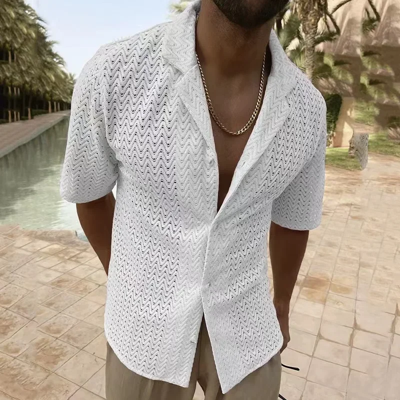 Men Knitting Shirt Solid Color Lapel Short Sleeve Streetwear Button Fashion Tees Shirts Hollow Out Tops Casual Men Clothing
Men Knitting Shirt Solid Color Lapel Short Sleeve Streetwear Button Fashion Tees Shirts Hollow Out Tops Casual Men Clothing