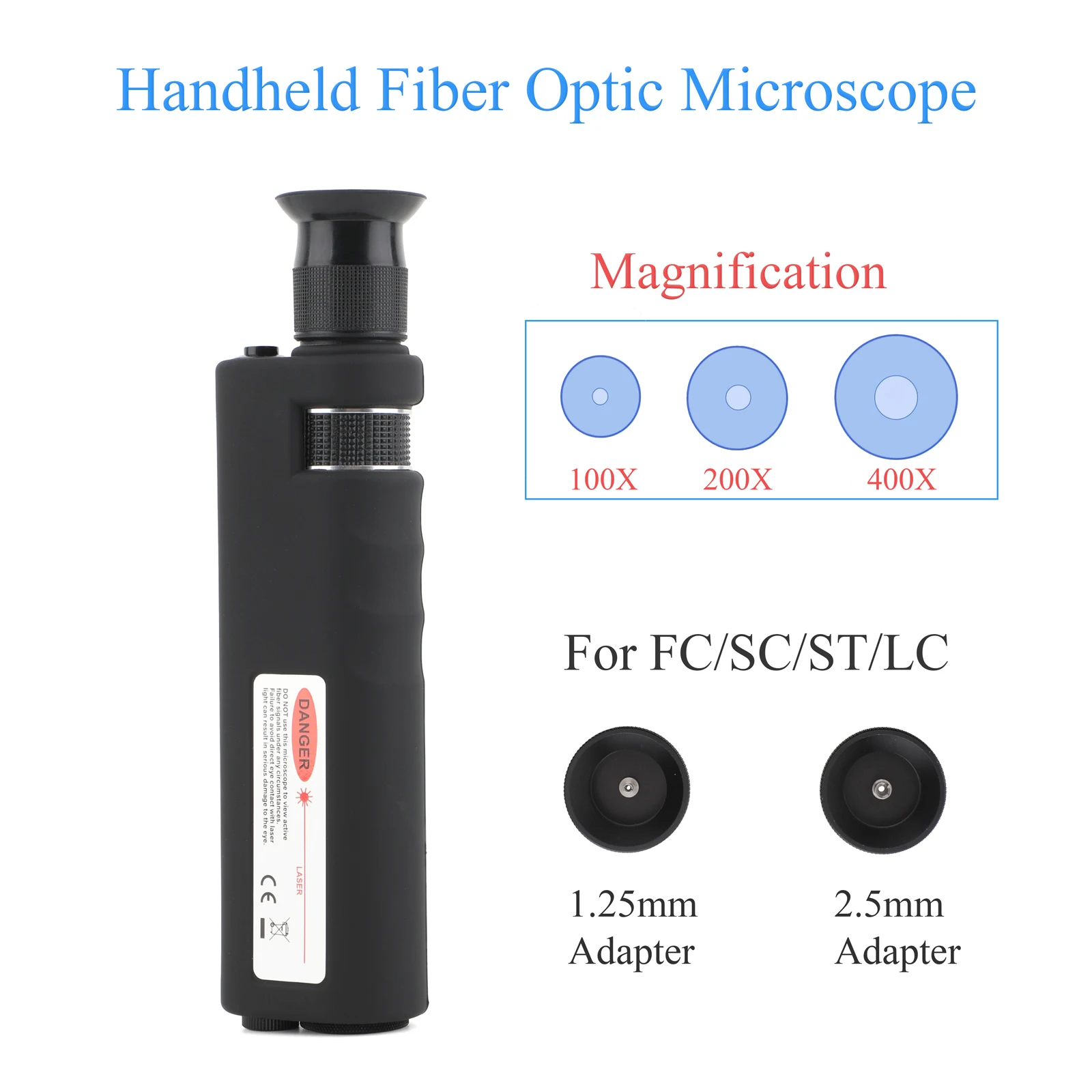 Handheld Fiber Microscope 100/200/400X LED Coaxial Light SC/FC/ST/LC 1.25/2.5mm Adapter Inspection Kit + Cleaning Pen
Handheld Fiber Microscope 100/200/400X LED Coaxial Light SC/FC/ST/LC 1.25/2.5mm Adapter Inspection Kit + Cleaning Pen
