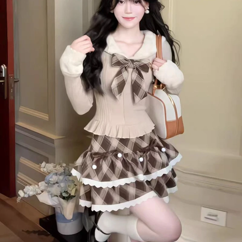 Korean Kawaii Preppy Style Skirt Set Women Sweet Bow Sailor Collar Knitted Top Plaid Mini Cake Skirts Japanese Y2k Lolita Outfit
Korean Kawaii Preppy Style Skirt Set Women Sweet Bow Sailor Collar Knitted Top Plaid Mini Cake Skirts Japanese Y2k Lolita Outfit
