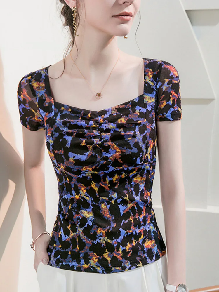Square Collar Floral Mesh T-Shirt For Women With Short Sleeves And Slim Fit Pleats, 2025 New Printed Western-Style Base Shirt,
Square Collar Floral Mesh T-Shirt For Women With Short Sleeves And Slim Fit Pleats, 2025 New Printed Western-Style Base Shirt,