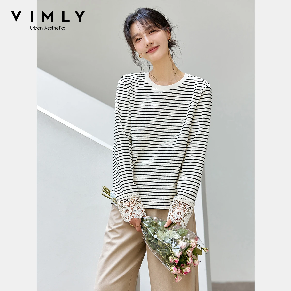 VIMLY женские модные полосатые футболки с длинными рукавами, повседневные женские футболки с круглым вырезом, осень 2021, женские топы с кружевными манжетами A2359
VIMLY женские модные полосатые футболки с длинными рукавами, повседневные женские футболки с круглым вырезом, осень 2021, женские топы с кружевными манжетами A2359