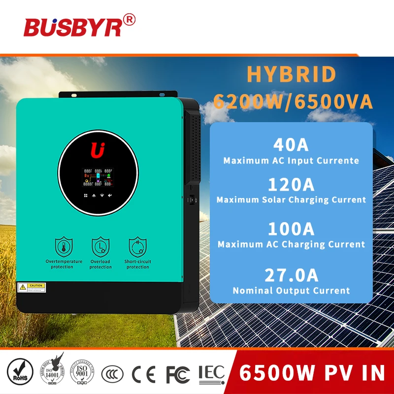 BUSBYR 7000VA 6200W Hybrid Solar Inverter 48VDC MPPT 80A 450VDC PV Input Pure Sine Wave Inversor with WIFI Support BMS
BUSBYR 7000VA 6200W Hybrid Solar Inverter 48VDC MPPT 80A 450VDC PV Input Pure Sine Wave Inversor with WIFI Support BMS