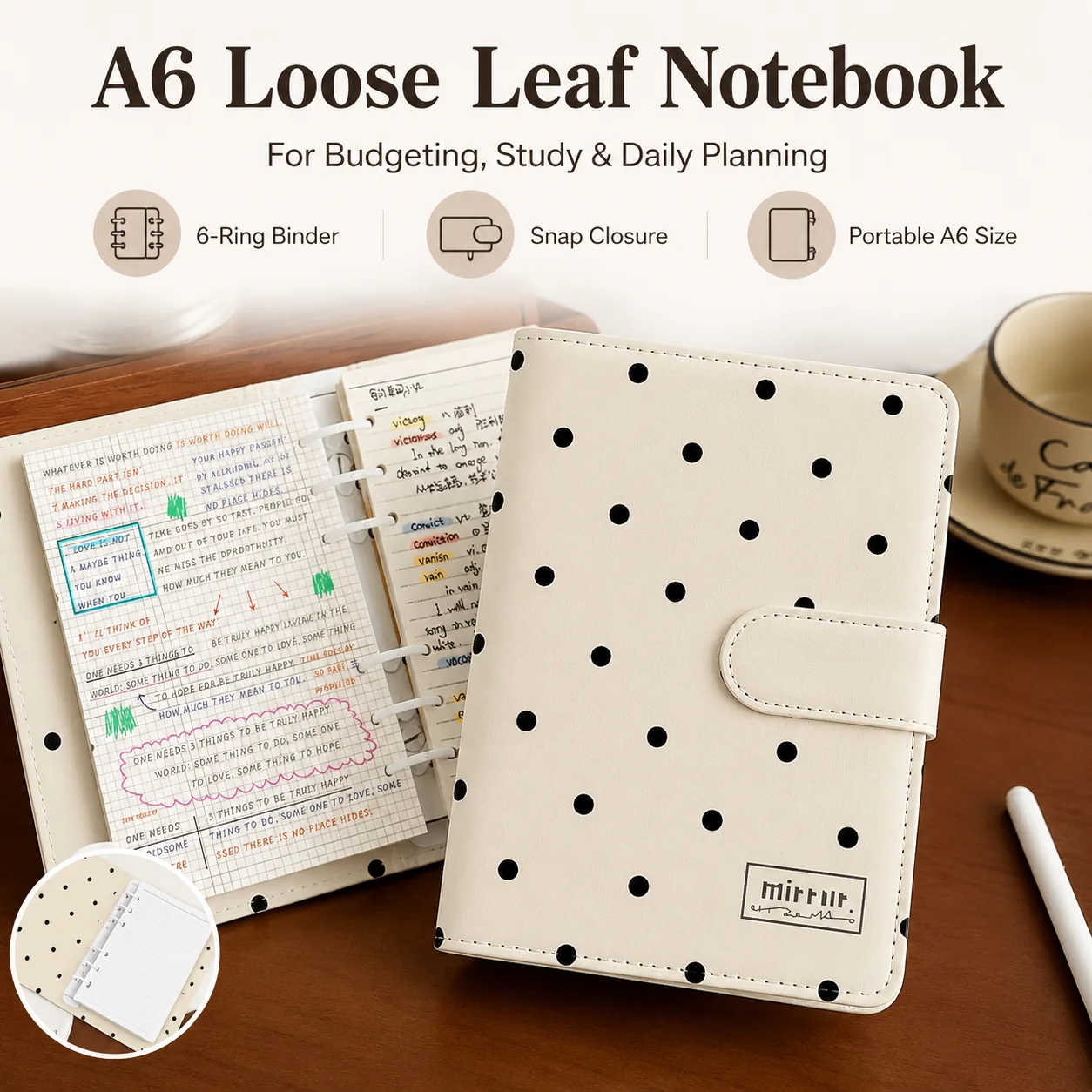 A6 Loose Leaf Budget Binder Notebook Polka Dot 6 Ring Finance Accounting Journal Snap Button Planner for Study BookkeepingOffice
A6 Loose Leaf Budget Binder Notebook Polka Dot 6 Ring Finance Accounting Journal Snap Button Planner for Study BookkeepingOffice