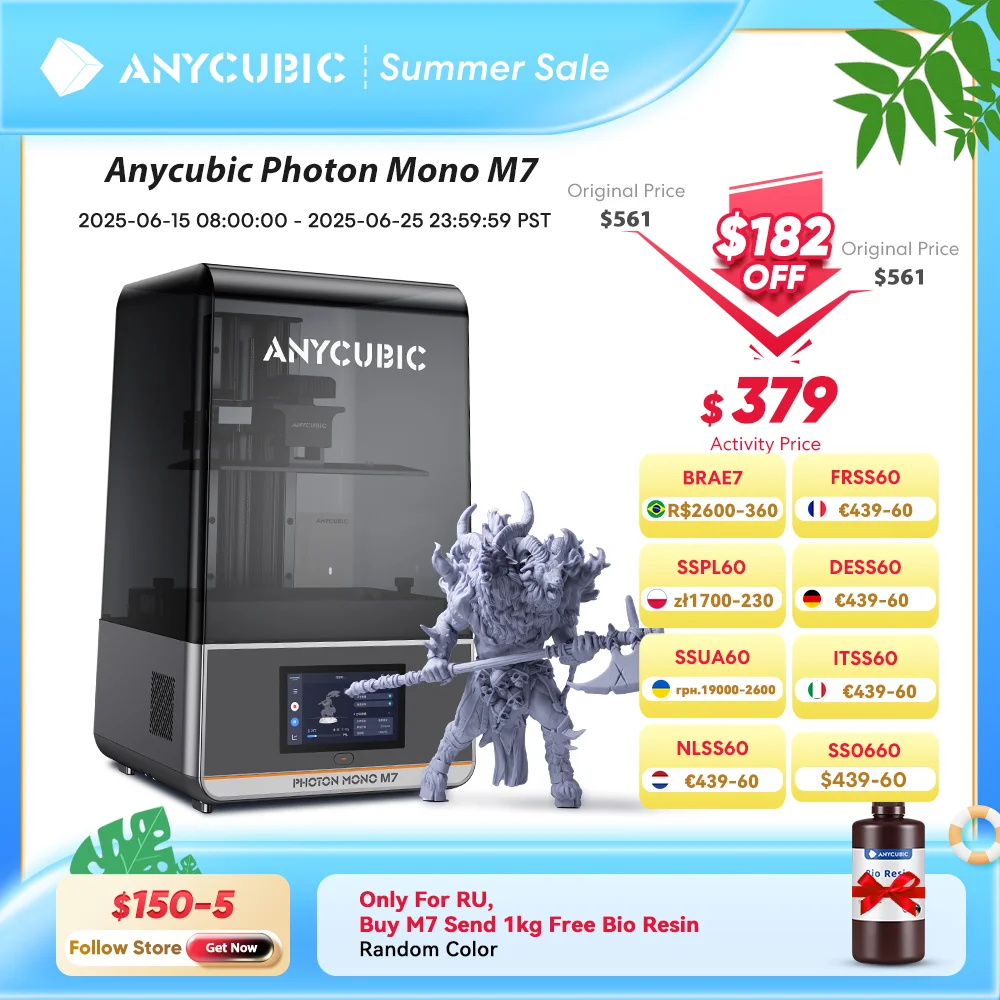 ANYCUBIC Photon Mono M7 14K Mono MSLA 3D Printer 10'' 14K LCD Resin 3D Printer Speed Up to 150mm/h Printing Size 223*126*230mm
ANYCUBIC Photon Mono M7 14K Mono MSLA 3D Printer 10'' 14K LCD Resin 3D Printer Speed Up to 150mm/h Printing Size 223*126*230mm