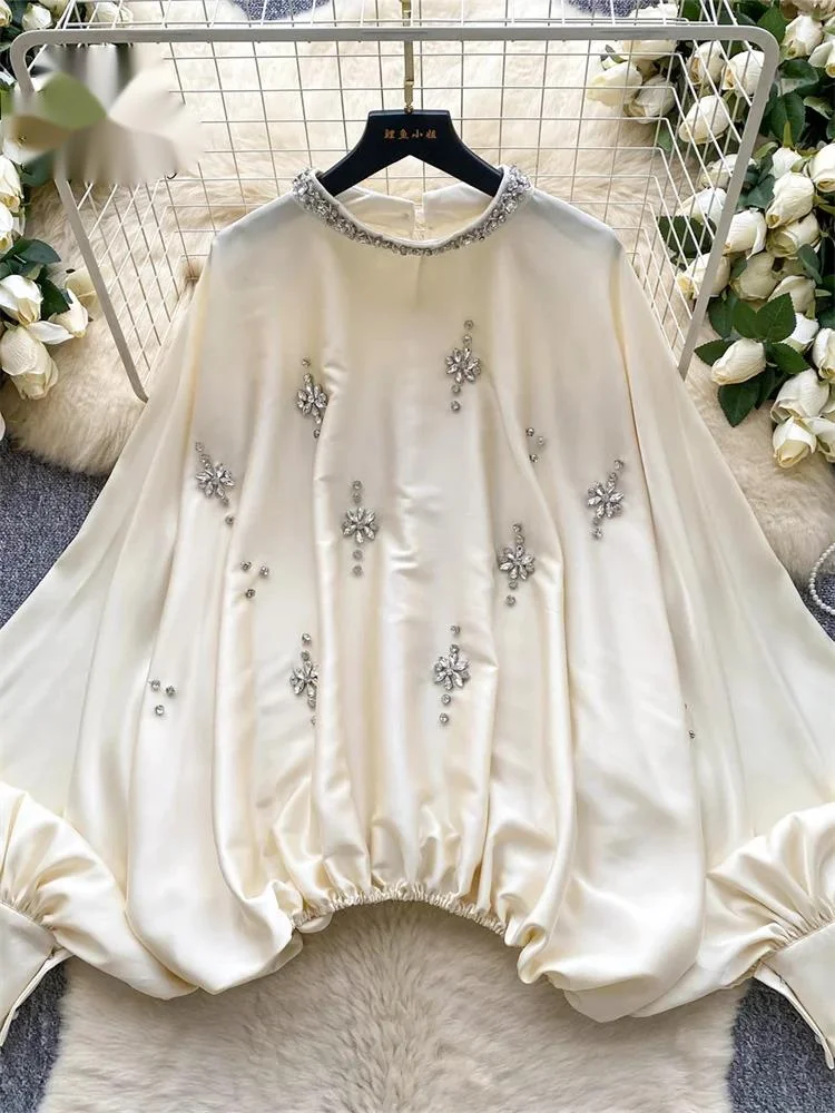 Diamonds Beading Satin Shirt Batwing Sleeves Stretchy Waist O Neck Aesthetic Blouse Feamle Senior Glamorous Gala Top
Diamonds Beading Satin Shirt Batwing Sleeves Stretchy Waist O Neck Aesthetic Blouse Feamle Senior Glamorous Gala Top