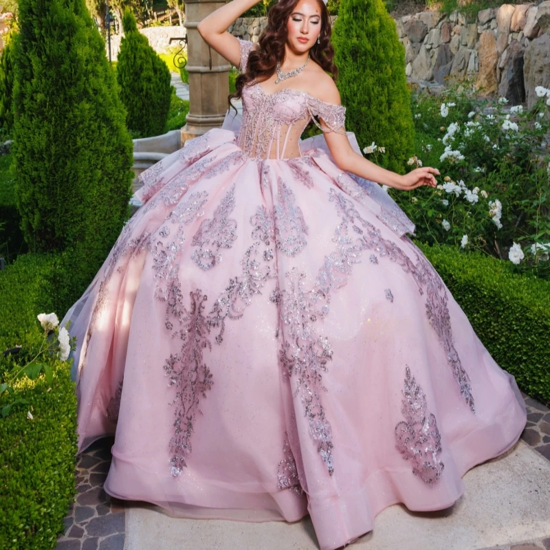 Pink Shiny Quinceanera Dresses Ball Gown Off The Shoulder Sequin Applique Lace Beads Bow Party Birthday Sweet 16 Dress Vestidos
Pink Shiny Quinceanera Dresses Ball Gown Off The Shoulder Sequin Applique Lace Beads Bow Party Birthday Sweet 16 Dress Vestidos