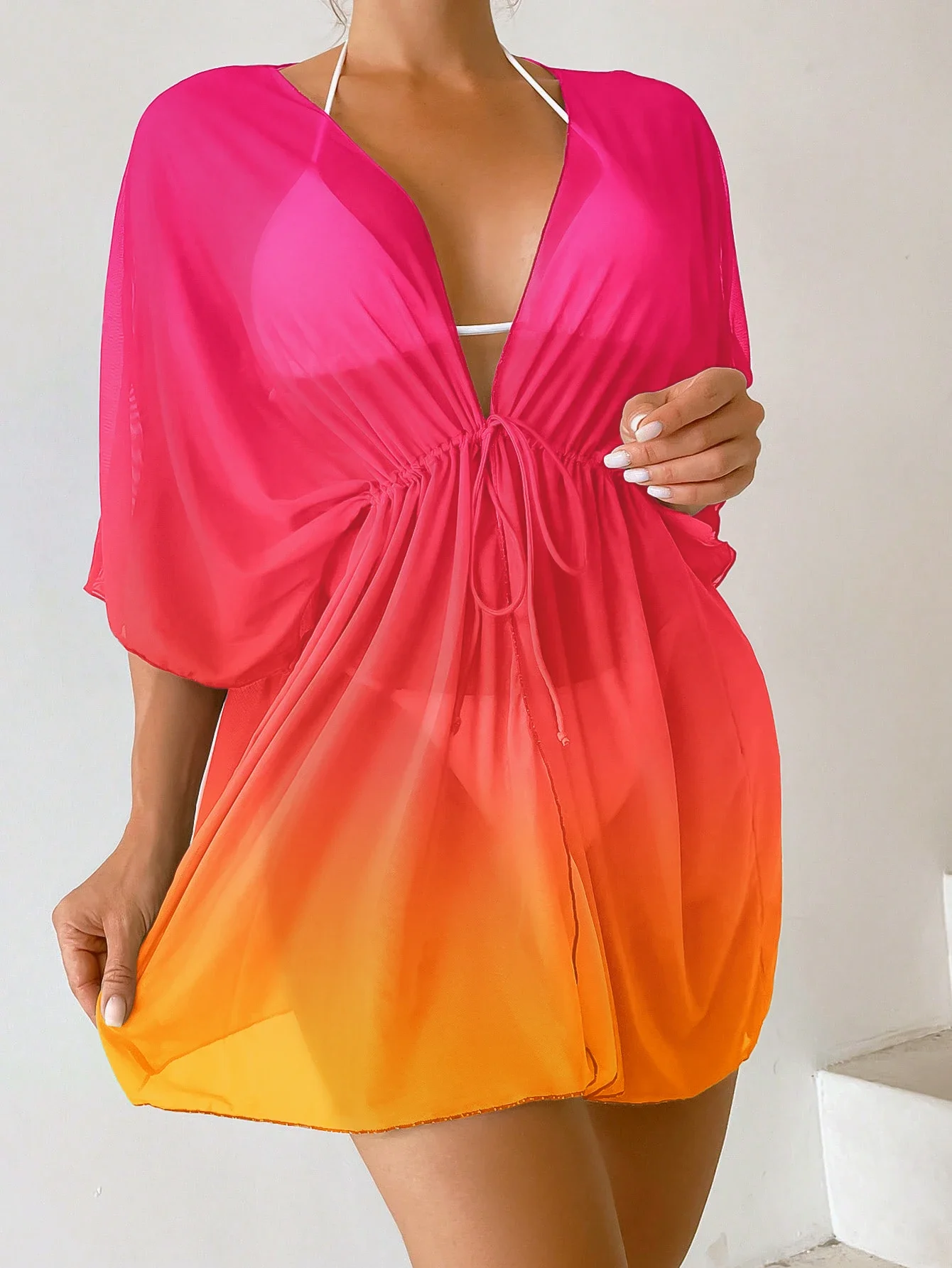 Summer Holiday V Neck Short Sleeve Shirts Beachwear Cover Up Gradient Print Lace Up One Piece Suit Fashion Swimwear Women Outfit
Summer Holiday V Neck Short Sleeve Shirts Beachwear Cover Up Gradient Print Lace Up One Piece Suit Fashion Swimwear Women Outfit