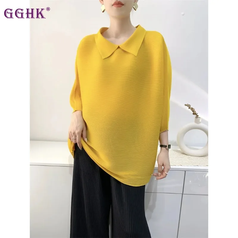 Женская плиссированная футболка GGHK Miyake, повседневная однотонная свободная футболка с отворотом, дизайнерский корейский модный Свободный Топ для осени, новинка для женщин
Женская плиссированная футболка GGHK Miyake, повседневная однотонная свободная футболка с отворотом, дизайнерский корейский модный Свободный Топ для осени, новинка для женщин