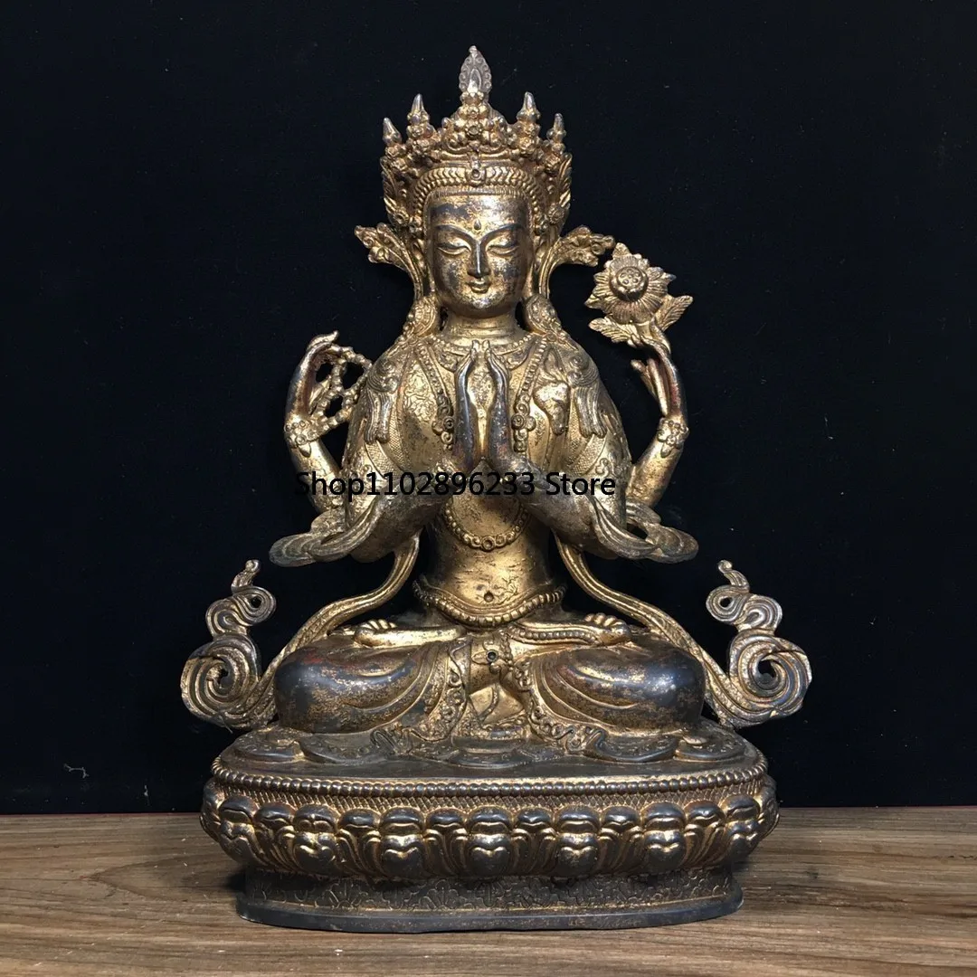 Tibetan Brass Mud Gold Cinnabar Painted Four Arms Guanyin Tara Buddha Mother Hall Household Goods Ornament 30cm
Tibetan Brass Mud Gold Cinnabar Painted Four Arms Guanyin Tara Buddha Mother Hall Household Goods Ornament 30cm