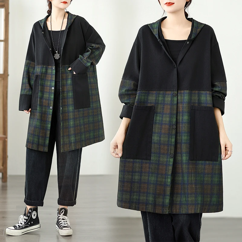 Loose Plaid Print Patchwork Denim Jaet Women's Casual Hooded Midi Top Single Button Large Size Cotton Polyester Blend
Loose Plaid Print Patchwork Denim Jaet Women's Casual Hooded Midi Top Single Button Large Size Cotton Polyester Blend