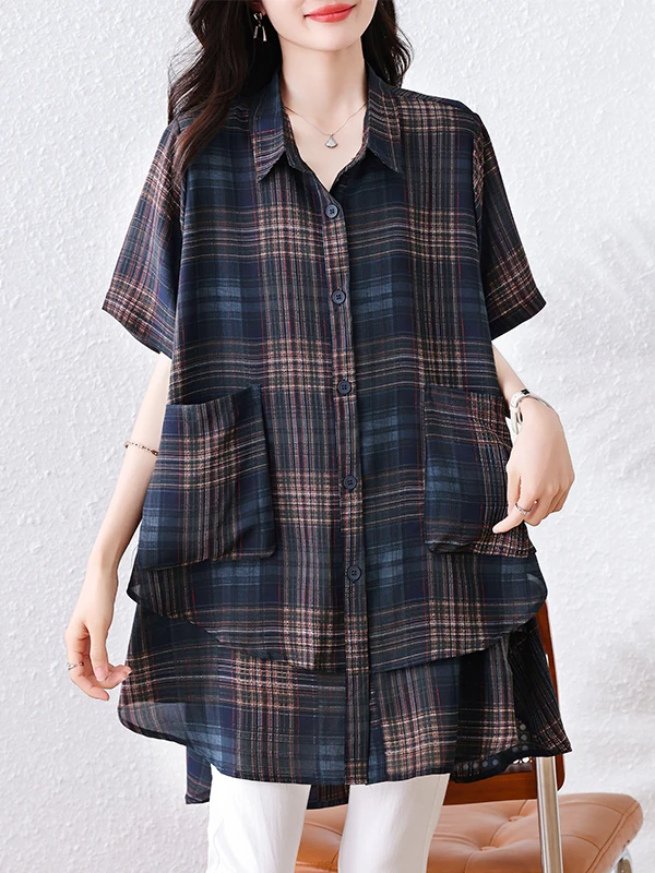 Fashionable Retro Plaid Short Sleeve Shirt Women's Loose Casual Top Summer Age-Defying Belly Covering Mid-Length Blouse
Fashionable Retro Plaid Short Sleeve Shirt Women's Loose Casual Top Summer Age-Defying Belly Covering Mid-Length Blouse