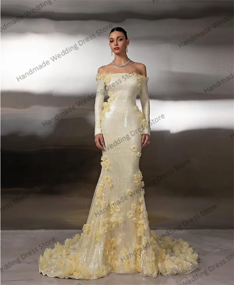 Shiny Sequins Prom Dress Sexy Off Shoulder Full Sleeves Luxury 3D Flower Mermaid Bridal Party Gown Customized Garden Long Robe
Shiny Sequins Prom Dress Sexy Off Shoulder Full Sleeves Luxury 3D Flower Mermaid Bridal Party Gown Customized Garden Long Robe