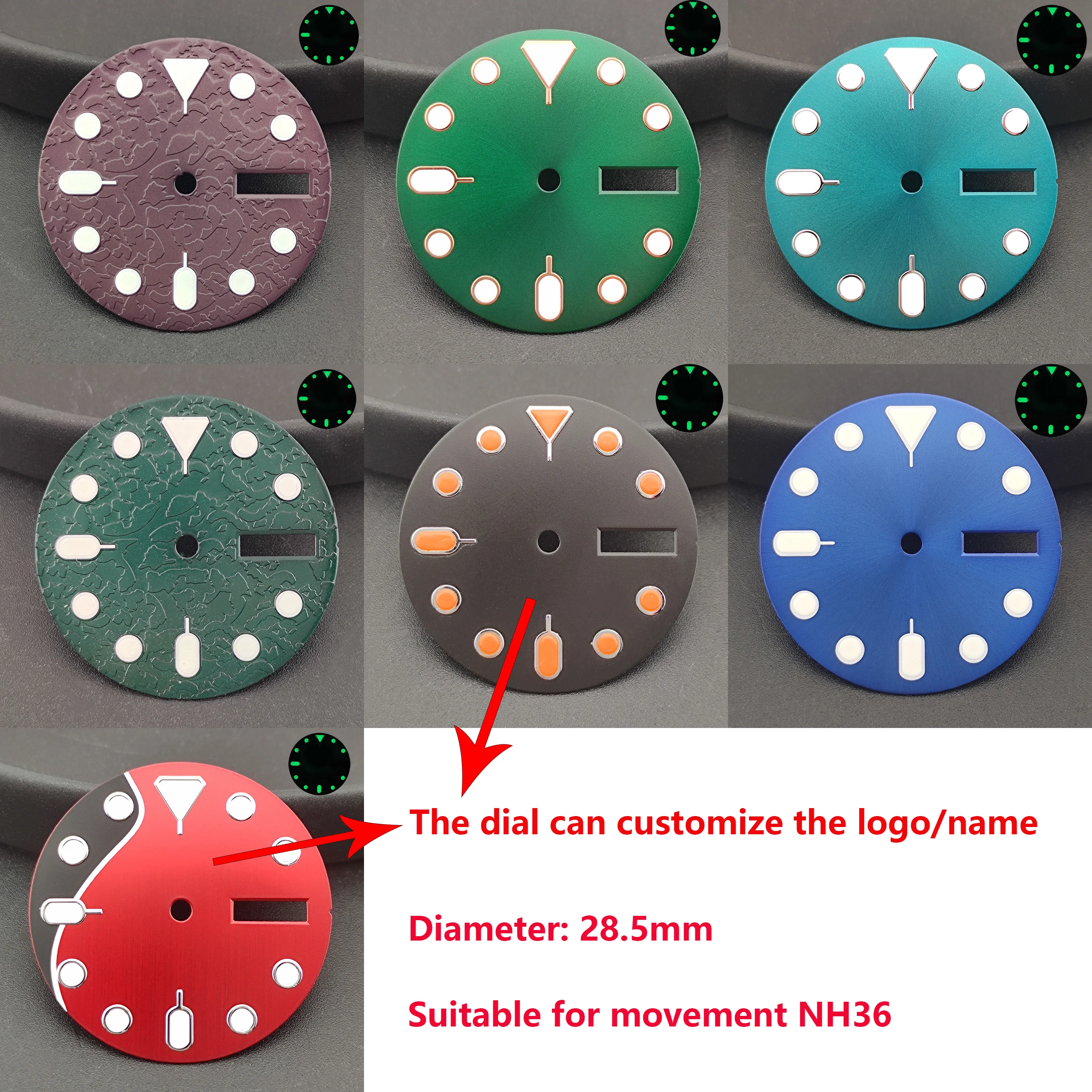 Custom logo NH36 dial 28.5mm watch dial for NH36/36A movement for SX007 crown luminous green double calendar
Custom logo NH36 dial 28.5mm watch dial for NH36/36A movement for SX007 crown luminous green double calendar