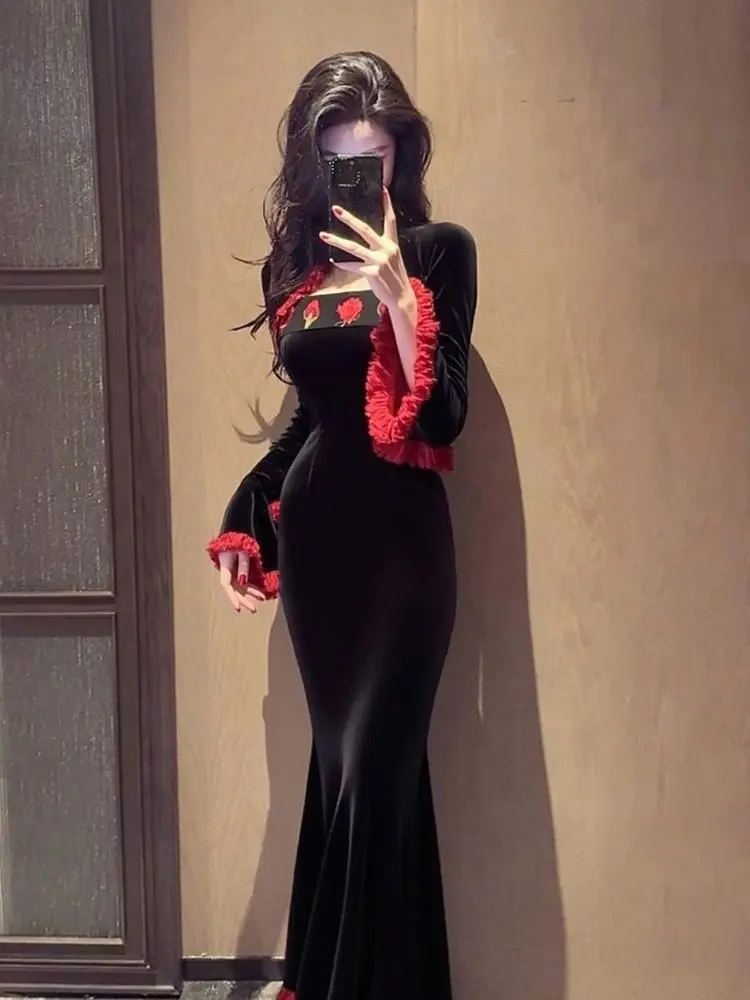 Элегантное черное бархатное вечернее платье в стиле ретро с вышивкой, комплект из 2 предметов, женская шаль с расклешенными рукавами, облегающий костюм русалки, роскошное вечернее платье
Элегантное черное бархатное вечернее платье в стиле ретро с вышивкой, комплект из 2 предметов, женская шаль с расклешенными рукавами, облегающий костюм русалки, роскошное вечернее платье