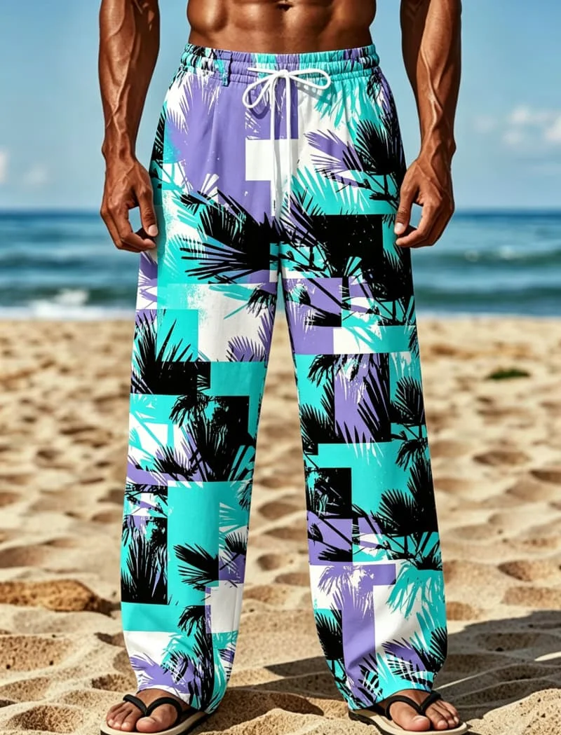 Men's colorful tropical printed beach pants, comfortable drawstring waist style, for daily wear, beach and resort scenes
Men's colorful tropical printed beach pants, comfortable drawstring waist style, for daily wear, beach and resort scenes