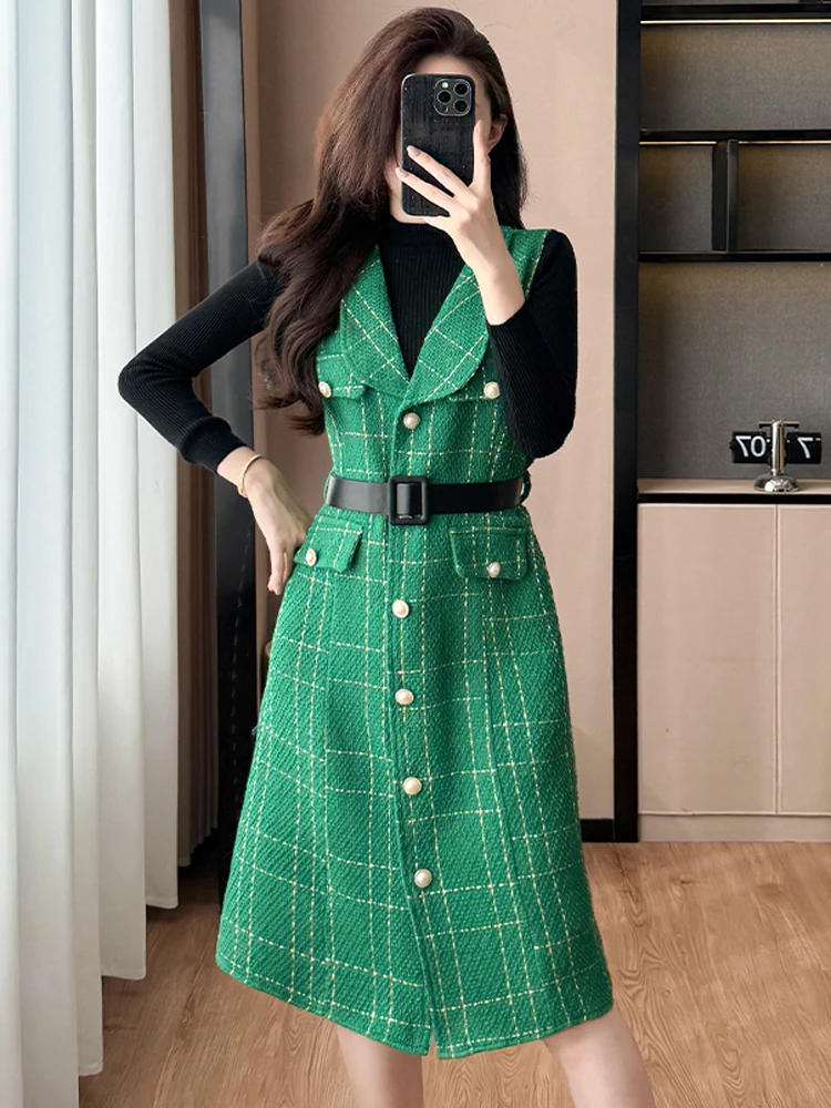 Осенний комплект из двух предметов, женский черный вязаный пуловер, топ + зеленый клетчатый твид, однобортный костюм без рукавов с поясом
Осенний комплект из двух предметов, женский черный вязаный пуловер, топ + зеленый клетчатый твид, однобортный костюм без рукавов с поясом
