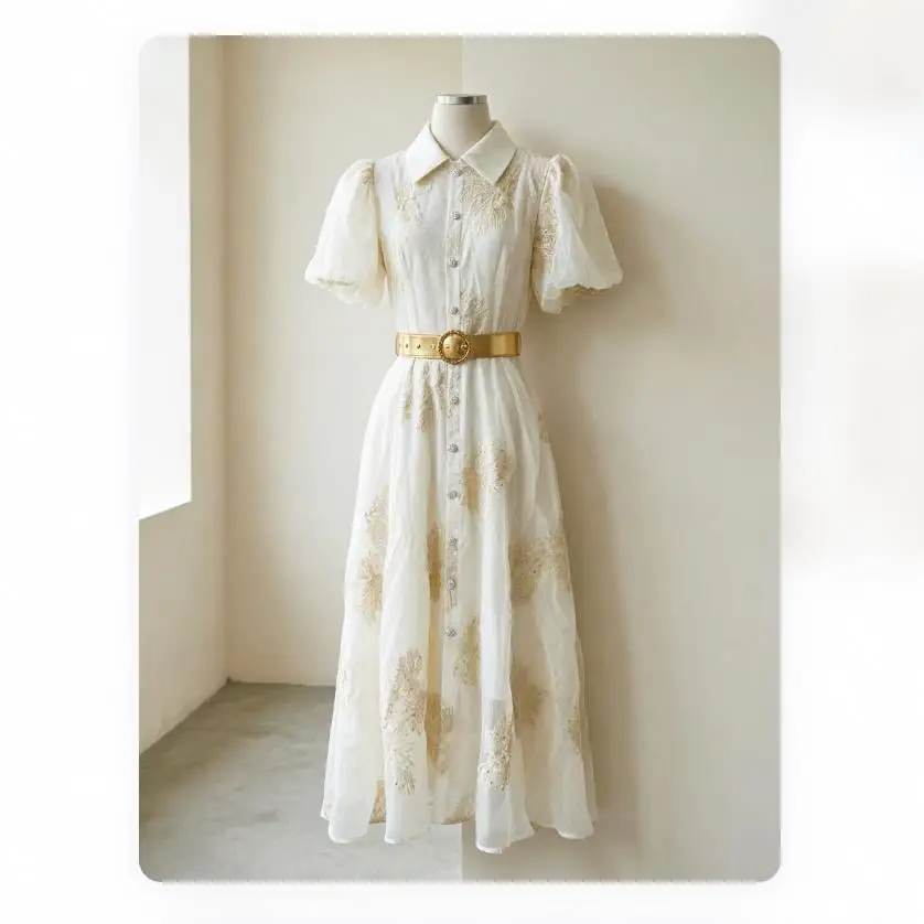 Women Luxury Sequin Embroidered Midi Dress Puff Sleeve Collar Button Front Belted Waist Elegant Party Evening Gown Robe Vestidos
Women Luxury Sequin Embroidered Midi Dress Puff Sleeve Collar Button Front Belted Waist Elegant Party Evening Gown Robe Vestidos