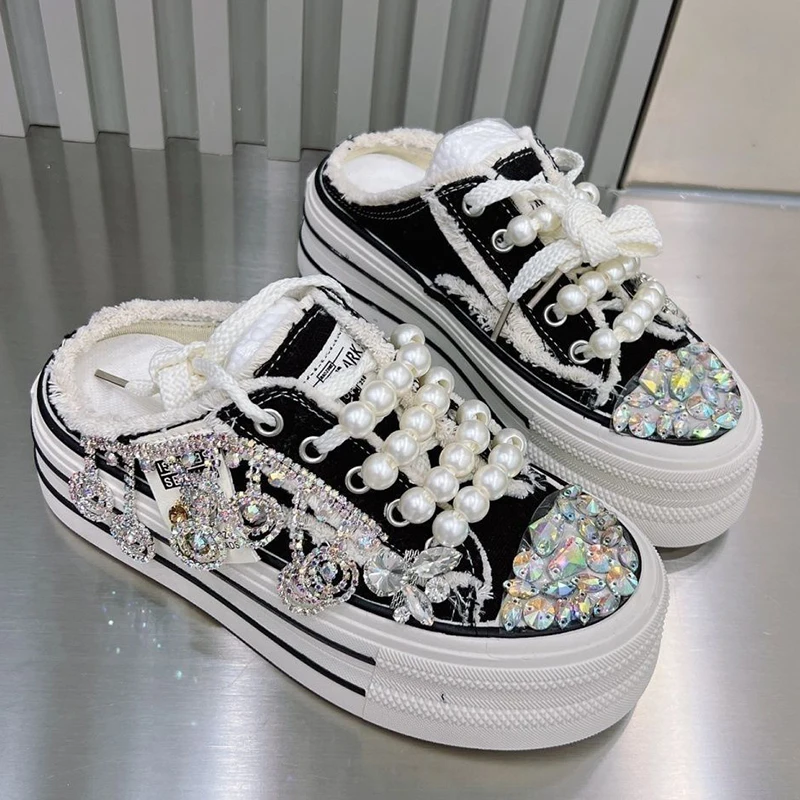 Women's Pearl Rhinestone Fringe Trim Backless Platform Canvas Mule Sneakers Slip on Casual Daily Footwear Drop Shipping FreeGift
Women's Pearl Rhinestone Fringe Trim Backless Platform Canvas Mule Sneakers Slip on Casual Daily Footwear Drop Shipping FreeGift