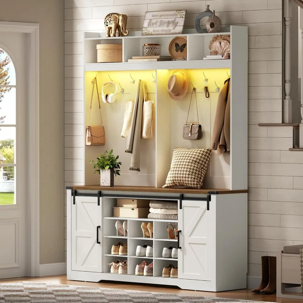 Starjoy Farmhouse Hall Tree With Bench And Shoe Storage, 5-in-1 Entryway Bench With Coat Rack, 9 Shoe Cubbies & 12 Hooks, Led Li
Starjoy Farmhouse Hall Tree With Bench And Shoe Storage, 5-in-1 Entryway Bench With Coat Rack, 9 Shoe Cubbies & 12 Hooks, Led Li