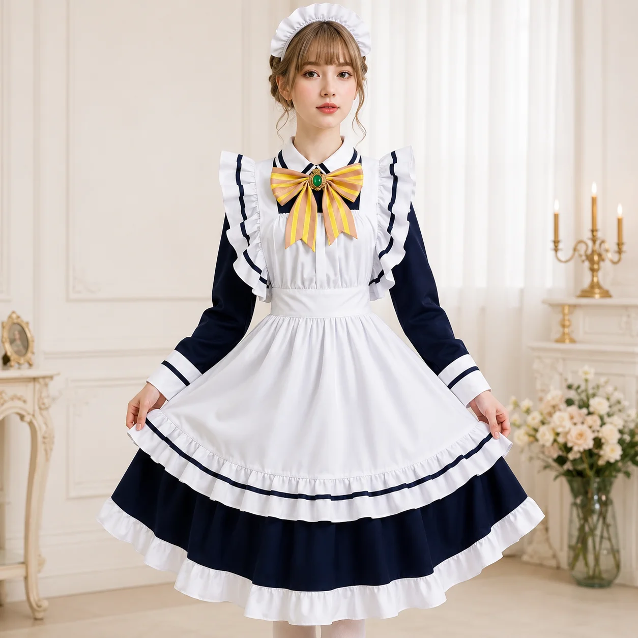 Women's Classic Maid Costume Dress Headband Navy White Ruffled Apron Style Outfit for Cosplay Themed Parties Cafe Events
Women's Classic Maid Costume Dress Headband Navy White Ruffled Apron Style Outfit for Cosplay Themed Parties Cafe Events