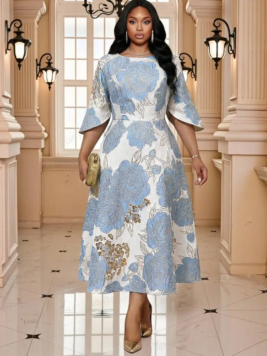 Elegant Blue Floral Jacquard Midi Dress With Petal Sleeve For Women
Elegant Blue Floral Jacquard Midi Dress With Petal Sleeve For Women