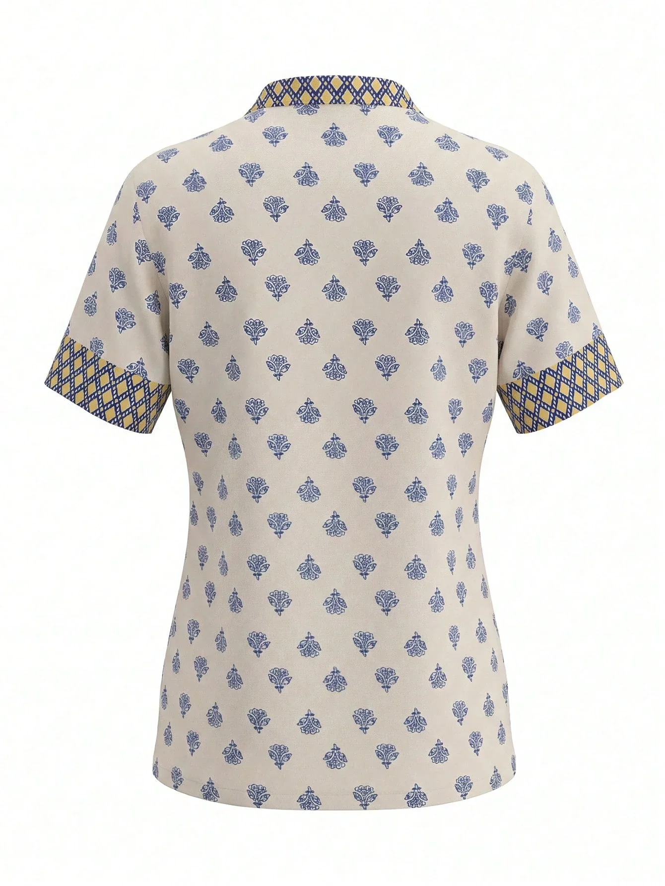 Elegant Floral Print Short Sleeve Shirt With V-Neck And Spliced Cuff For Women
Elegant Floral Print Short Sleeve Shirt With V-Neck And Spliced Cuff For Women