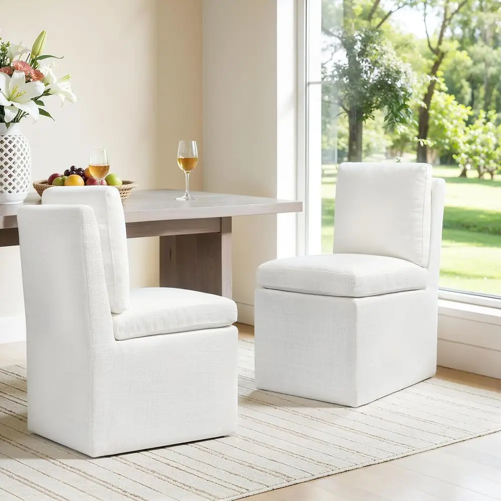 Upholstered Dining Chairs Set of 2 with Casters, Linen Fabric, Assembled, Silent Wheels, White
Upholstered Dining Chairs Set of 2 with Casters, Linen Fabric, Assembled, Silent Wheels, White